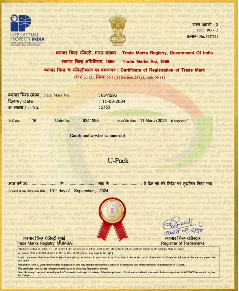 U-Pack Trademark Certificate